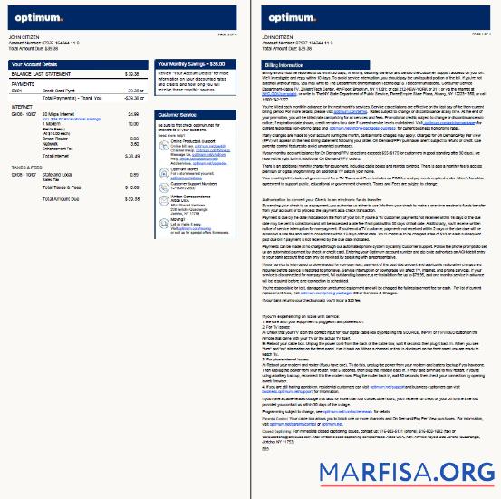 Downloadable USA Optimum utility bill template in Word and PDF formats, 4 pages, version 2, 3 4 pages